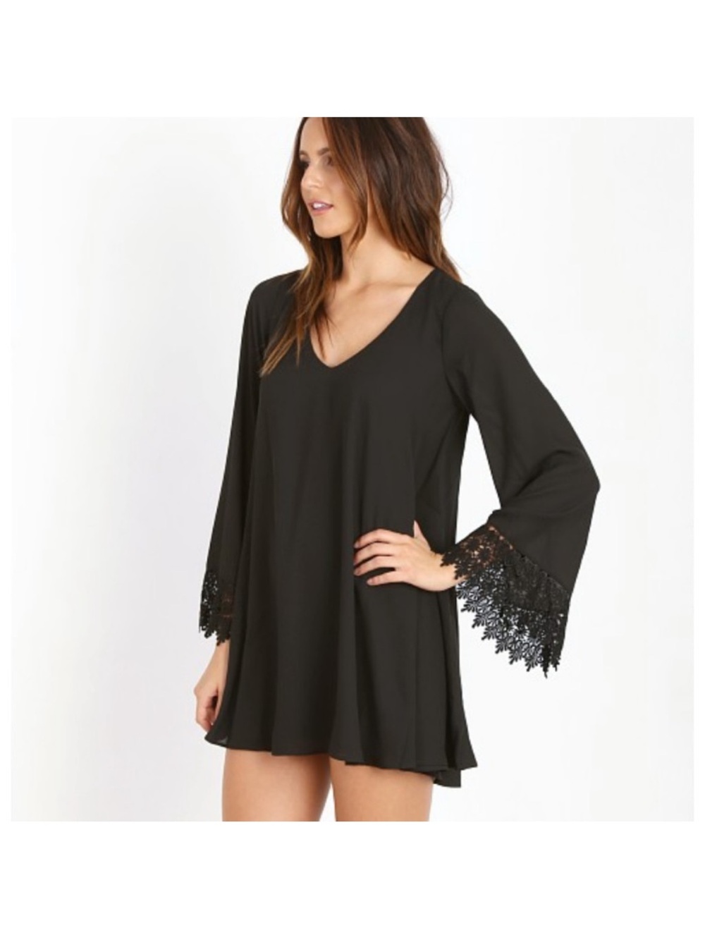 Show Me Your MuMu Black V-Neck Chiffon Blouse with Lace Cuffs